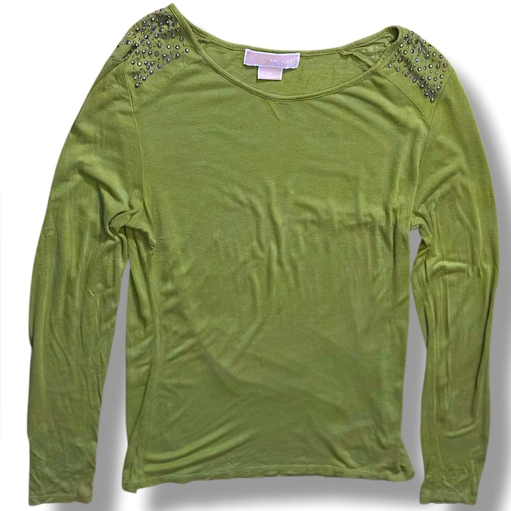 Michael Kors Olive Green Embellished Long Sleeve Top | Lightweight | Sz:M